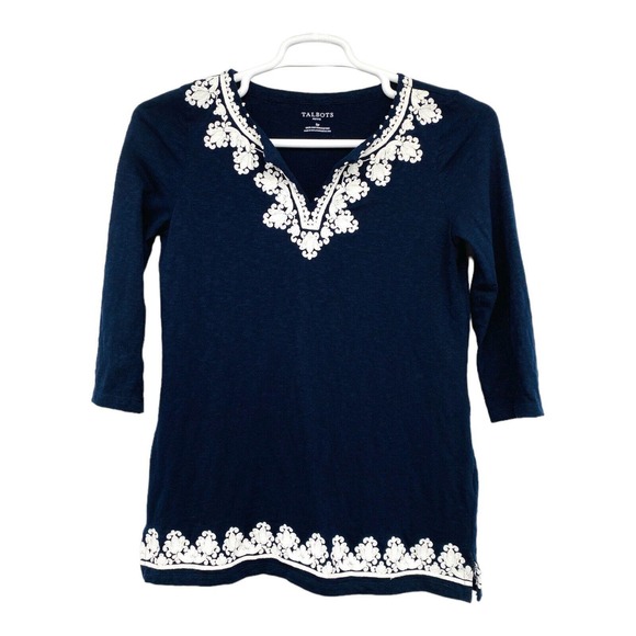 TALBOTS - WOMEN'S BLUE & WHITE 3/4 SLEEVE EMBROIDERED KNIT T-SHIRT TOP - Size S - Picture 1 of 12